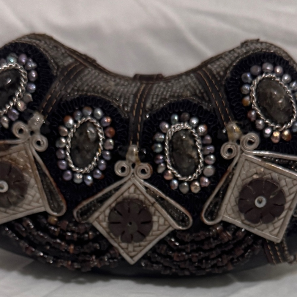 Mary Frances Beaded Clutch - Black, Brown, and Cream